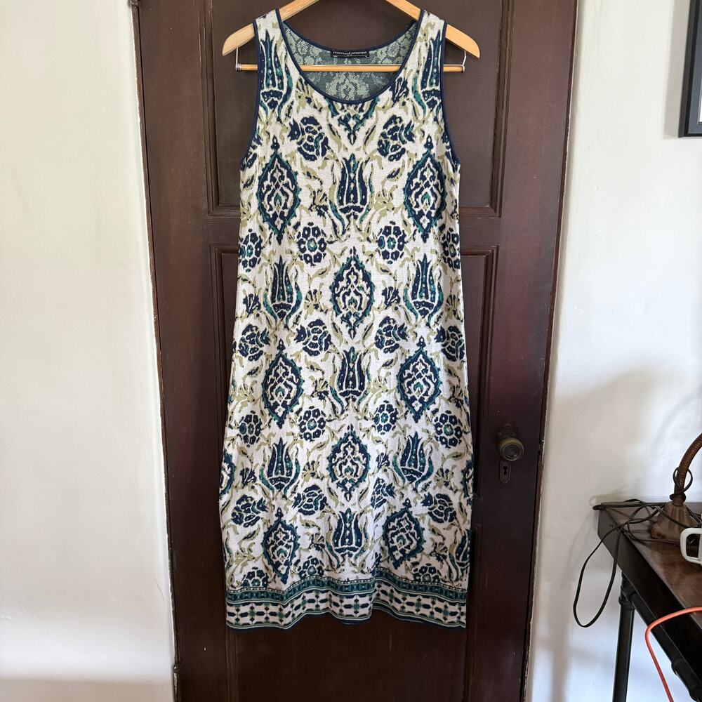 PERUVIAN CONNECTION White Blue Jacquard Pima Cotton Knit Midi Dress Medium
